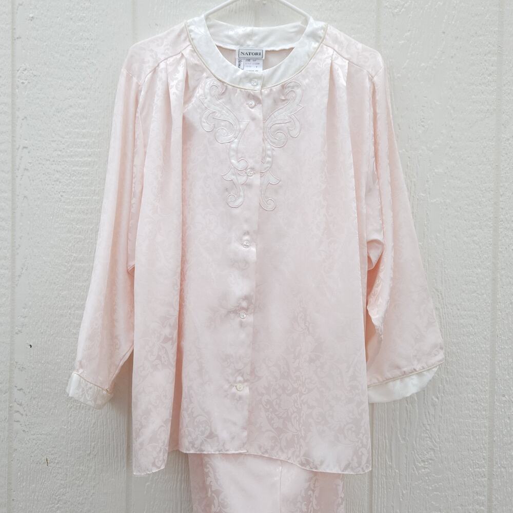 Vtg Natori Pajama 2-Set M Pink Damask Satin Lounge Romantic Luxury Rich Mom EUC